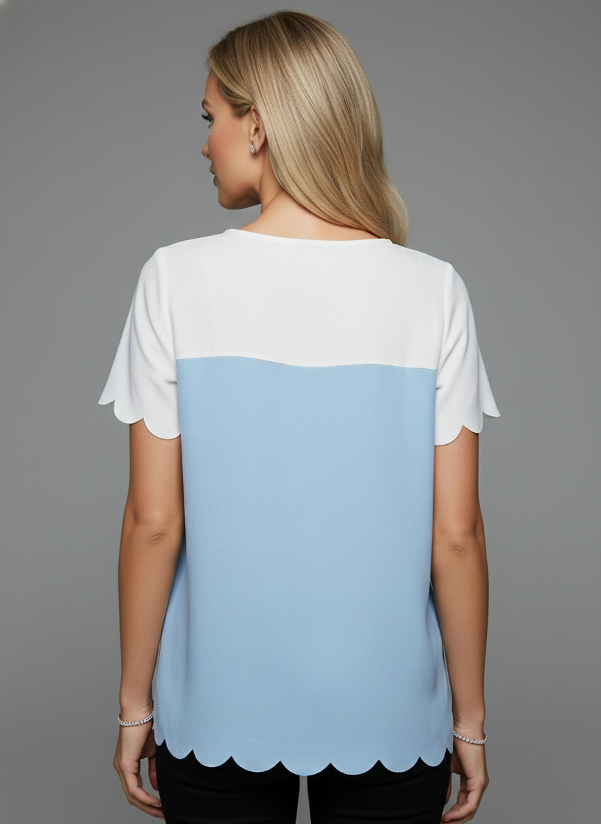 1431 Sky Blue & White Scalloped Blouse