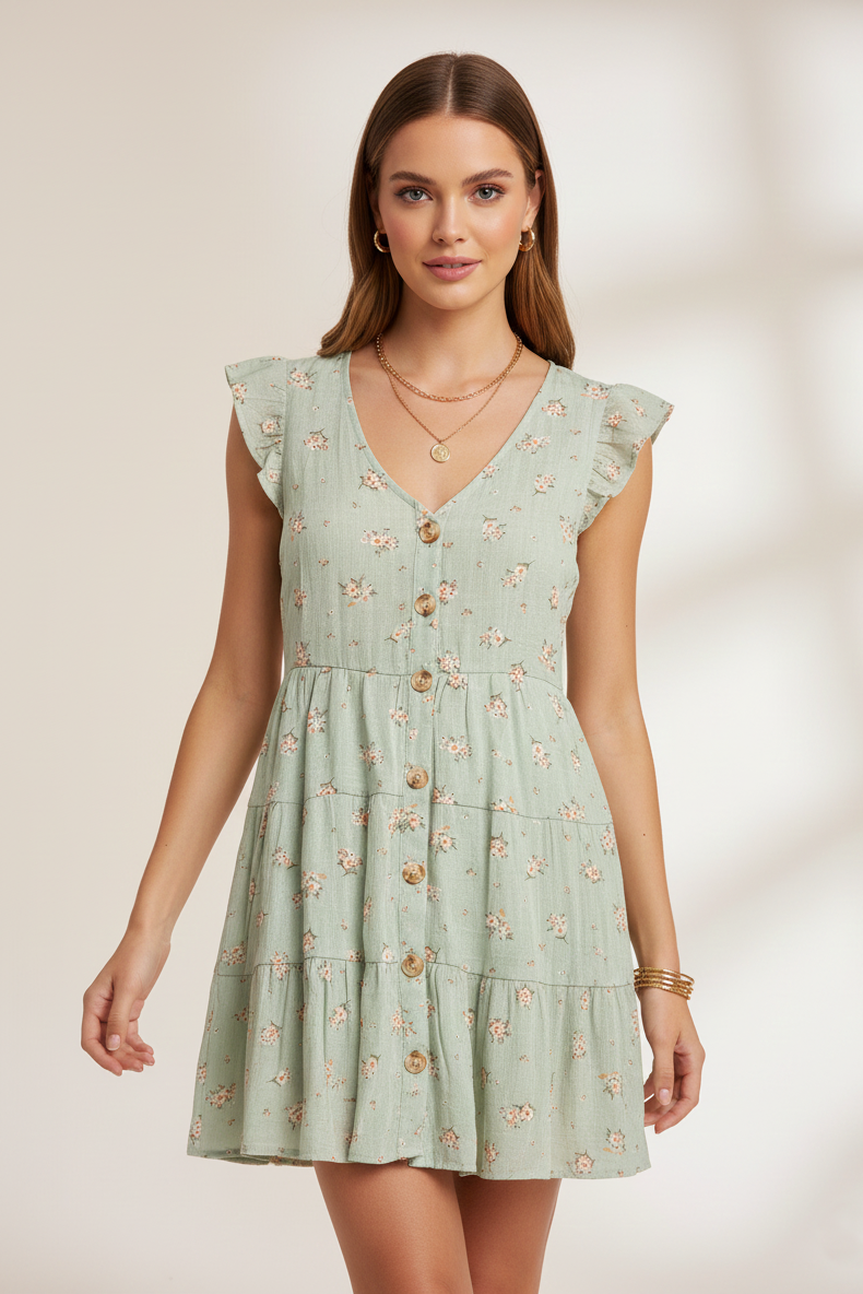 1955 Sage Ruffle Sleeve Floral Tiered Dress
