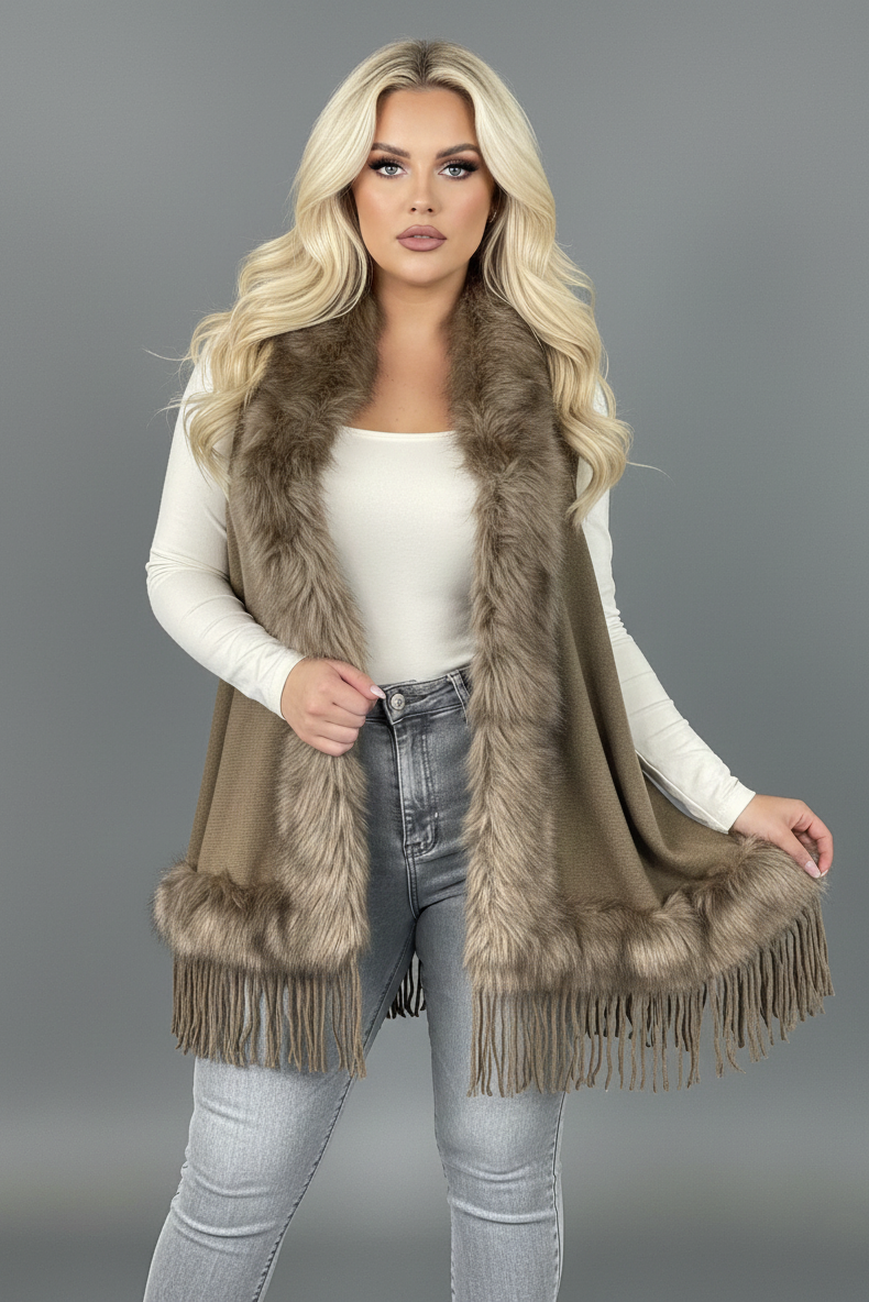 60162 Khaki Boho Fringe and Faux Fur Vest