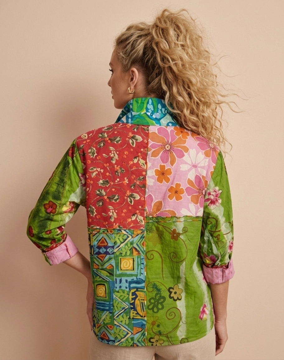 7051 Floral Patchwork Collared Button-Up Top