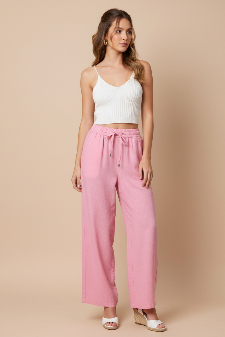 6978 Pink Wide-Leg Drawstring Linen Pants with pockets