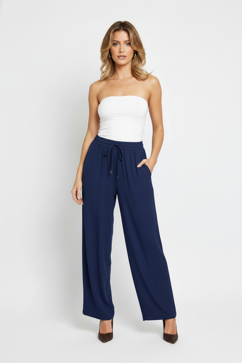 6978 Navy Wide-Leg Drawstring Linen Pants with pockets