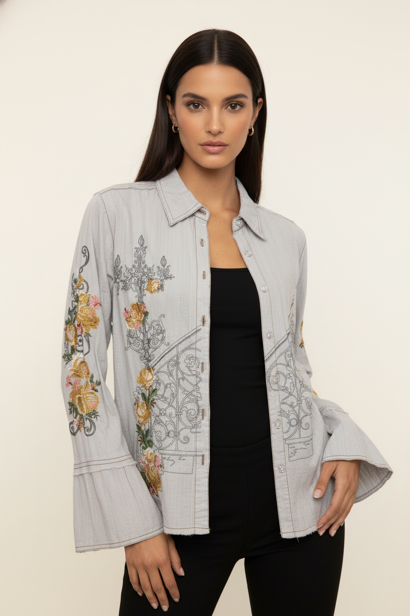 124 Gray Vintage Romance Embroidered Blouse