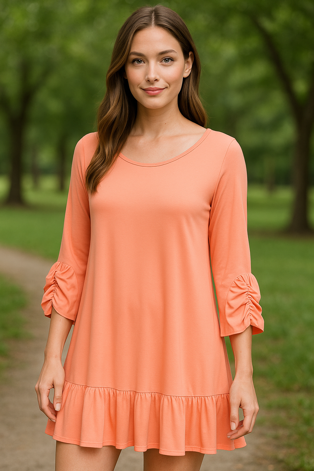 1159 Peach Ruffle Bottom Top