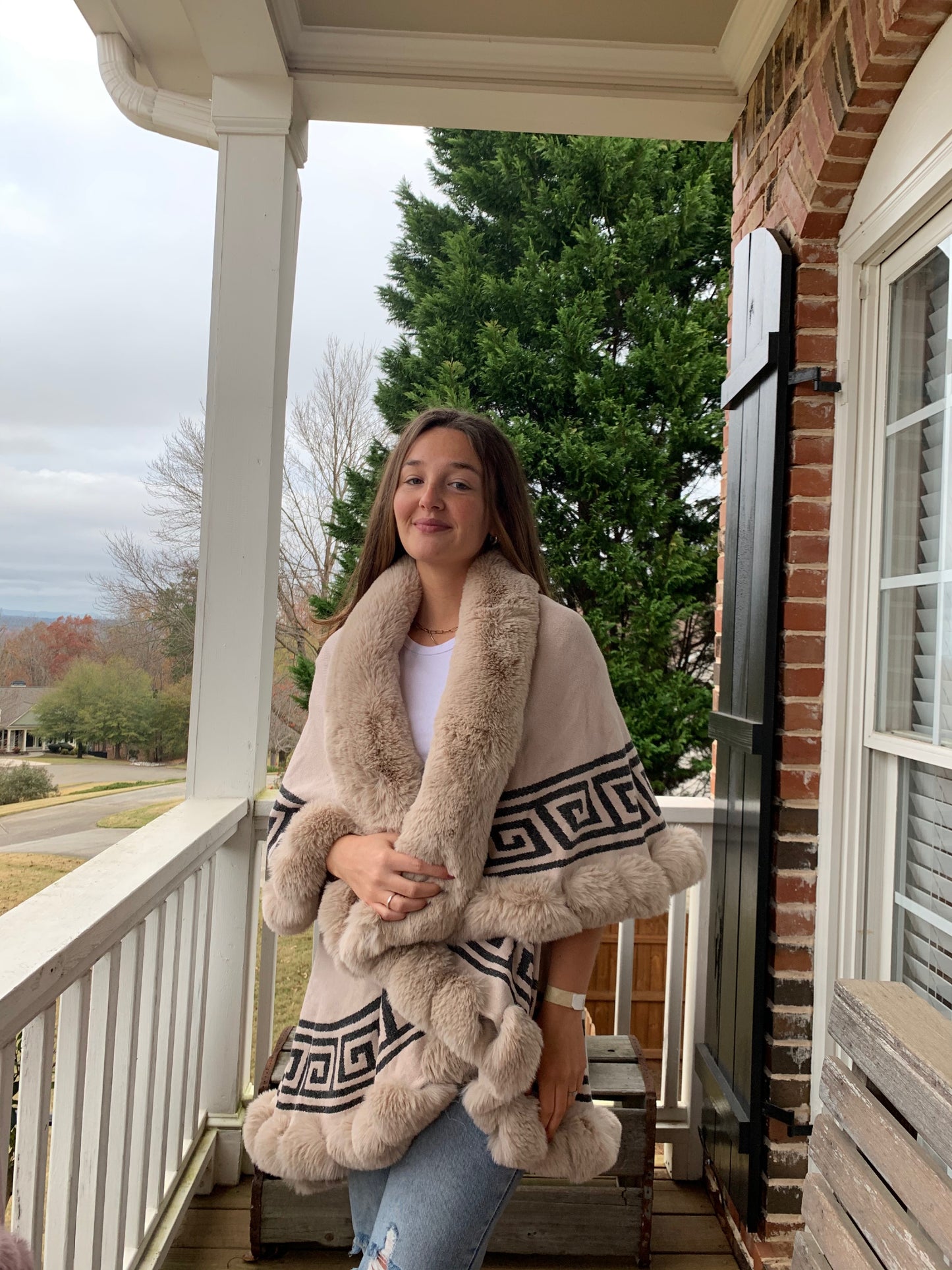 Tan Fur Coat W/ Black Aztec Print