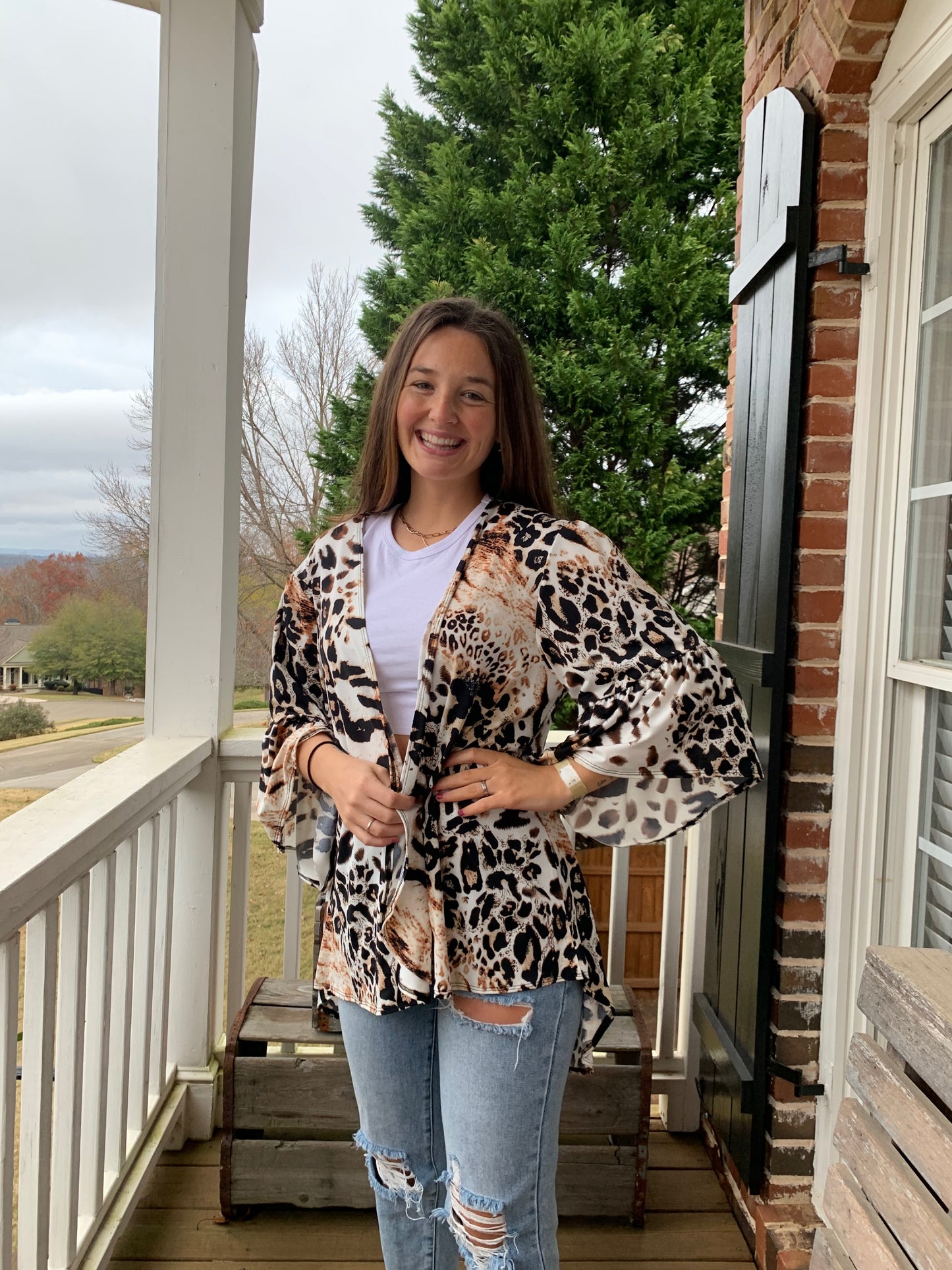 Animal Print Cardigan W/ Ruffle Sleeve REG