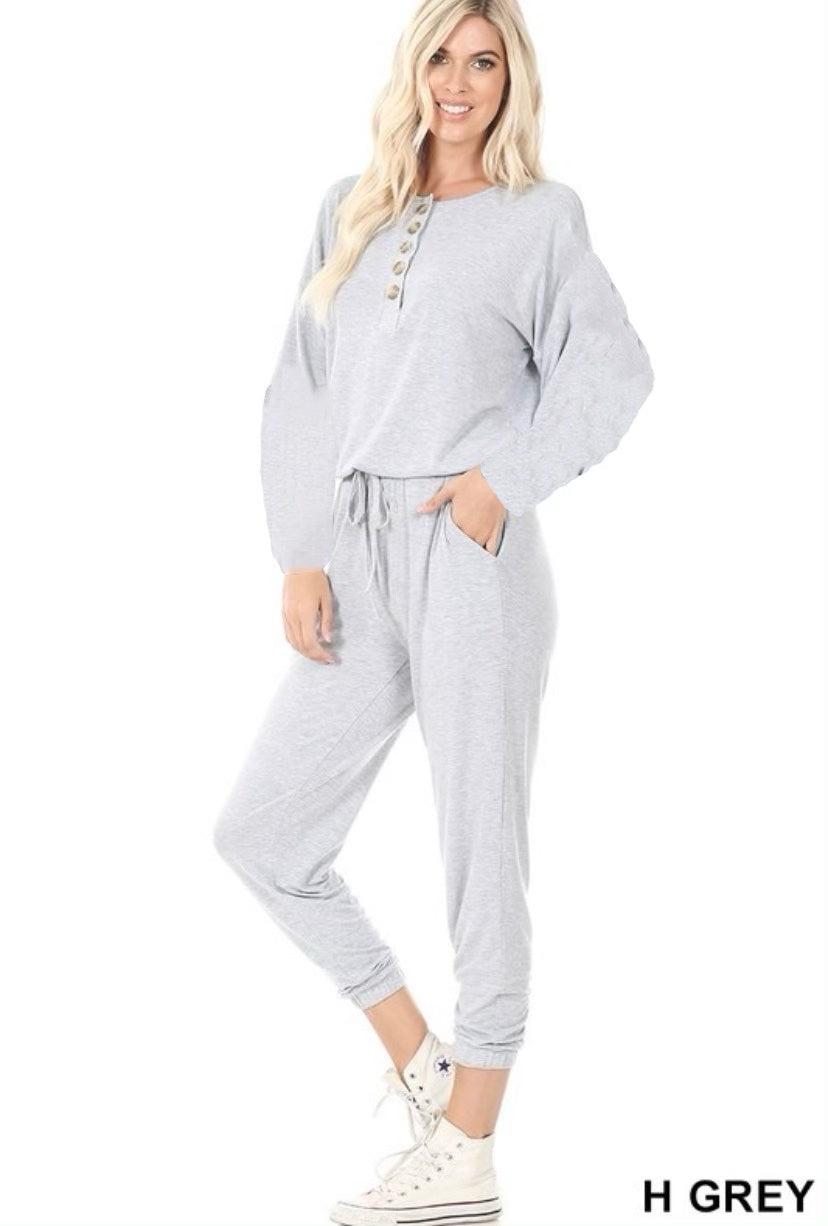 43056 H. Grey Button Down Jogger Jumpsuit *LONG SLEEVE*