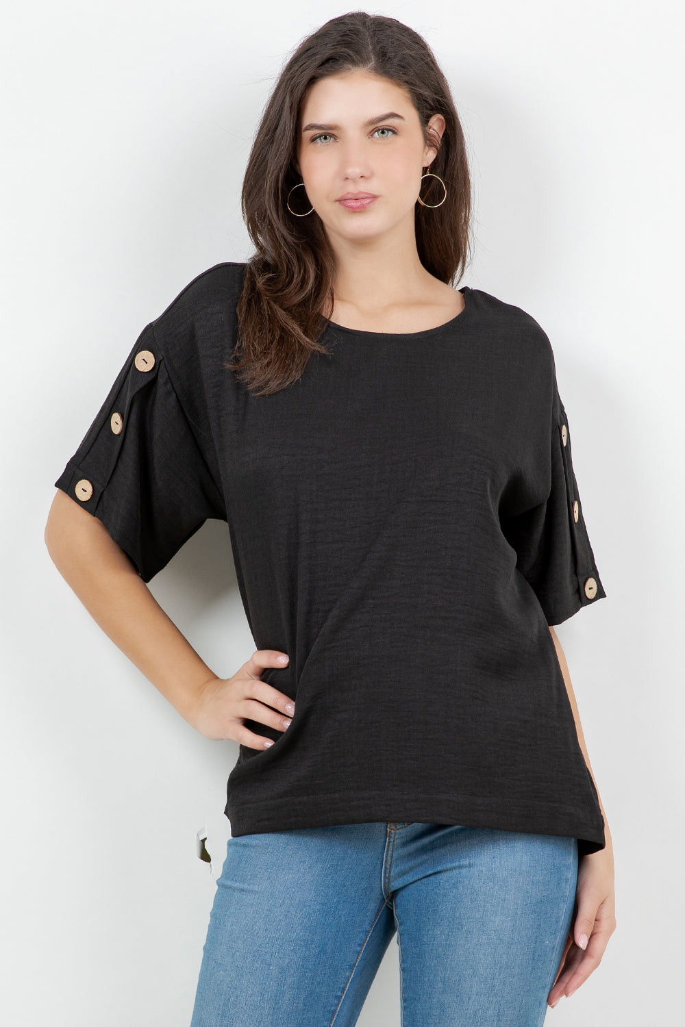 Style 5806 BlackButton Sleeve Top in CICI fabric