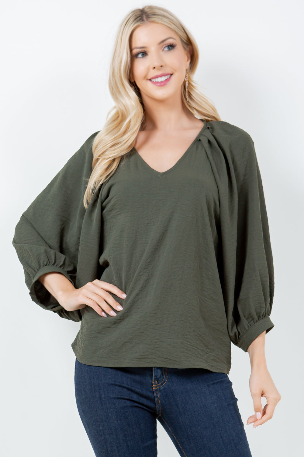 Style 5727 Olive Airflow Pleat Shoulder Top