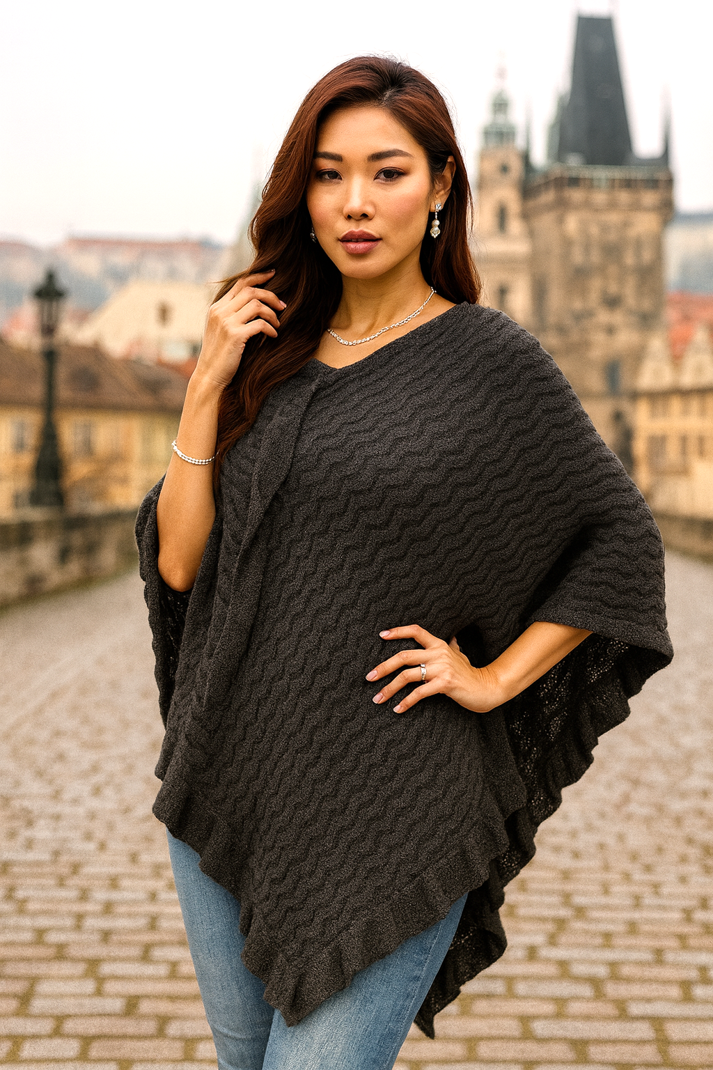 P63 Charcoal Wave Knit Poncho