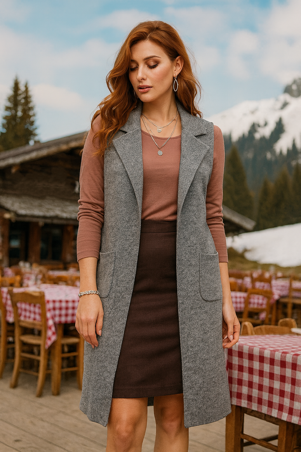 5414 Soft Ash Gray Collar Knit Vest with Pockets