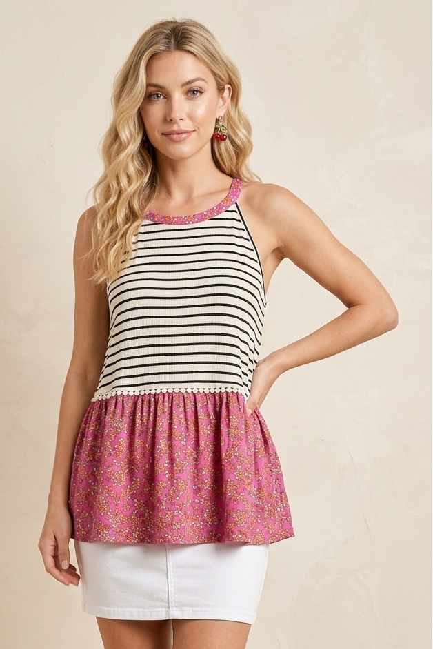 3280 Stripe and Floral Sleeveless Top