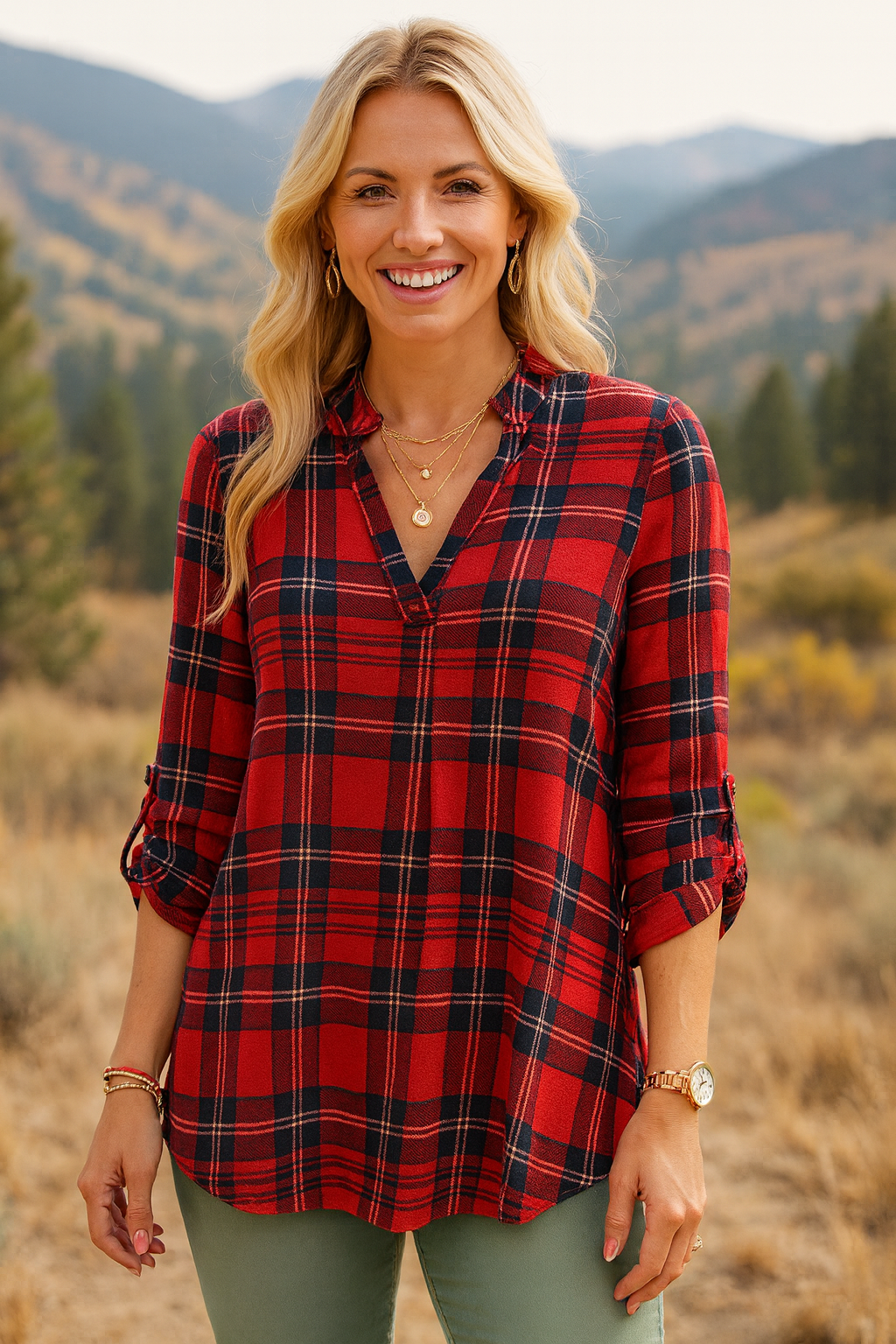 3288 Red Plaid Long-Sleeve Top