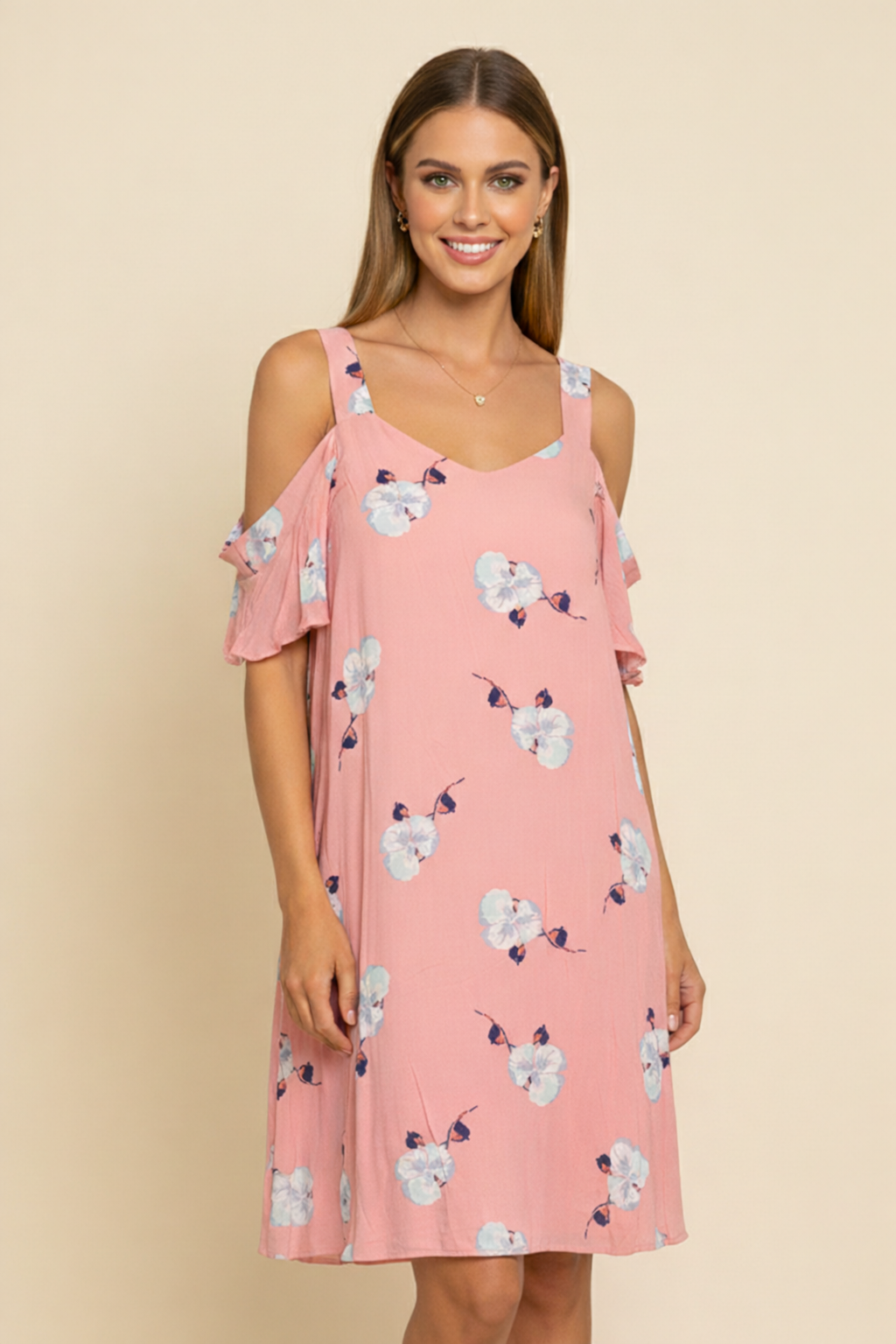 3748 Peach Floral Cold Shoulder Dress