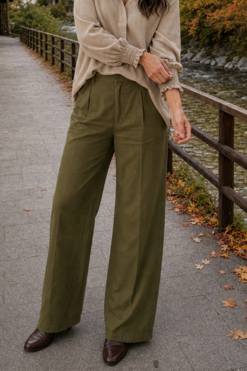 Style 6881 Olive Linen / Viscose Front Creased Pants