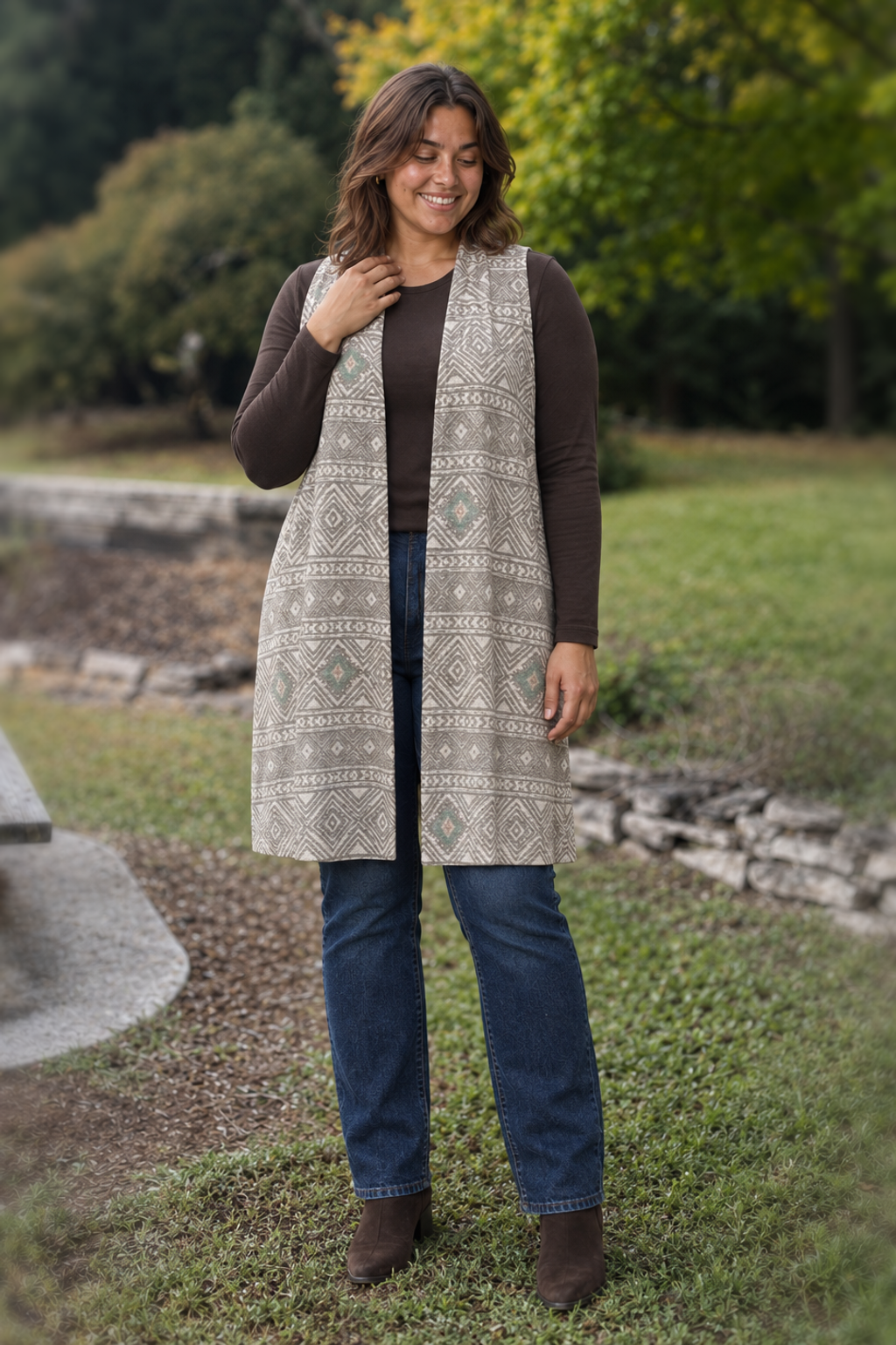 5236 Taupe Aztec Longline Pocket Vest Plus — front