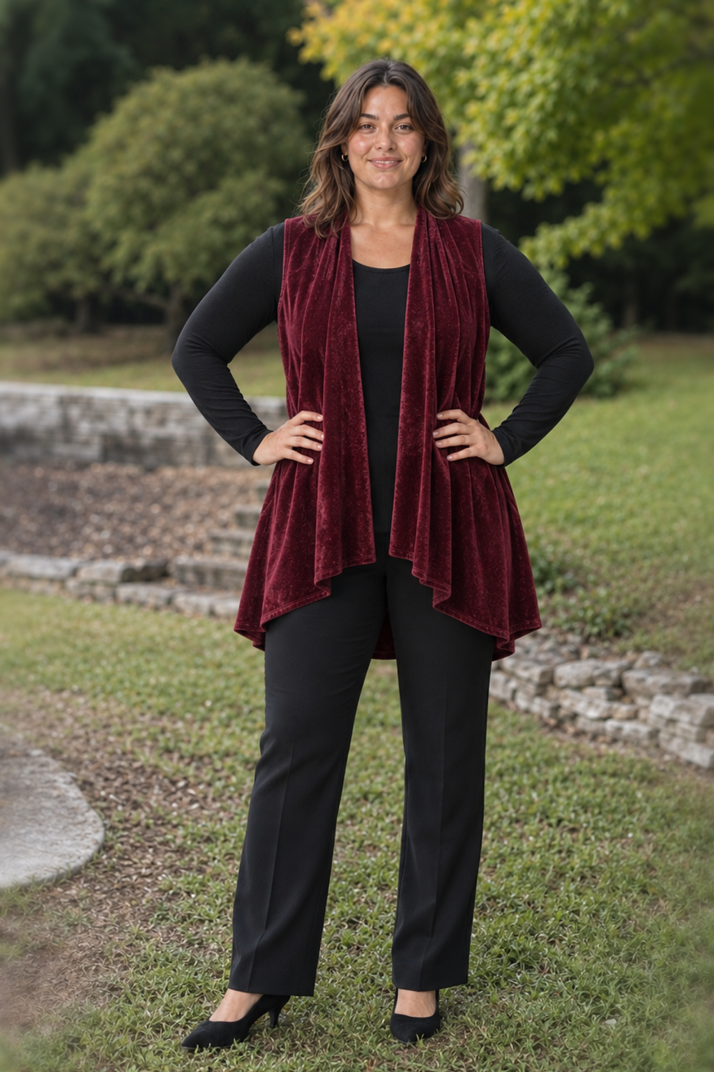 3887 Burgundy Velvet Open Front Drape Pocket Vest Plus — front