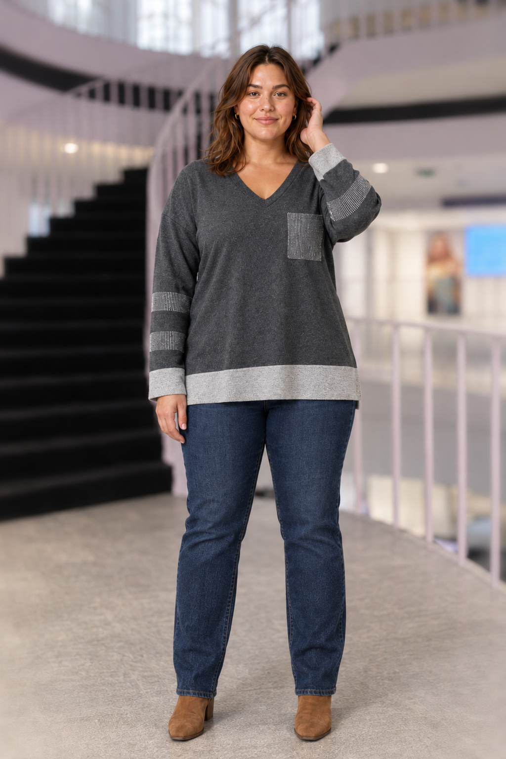 6559 Charcoal Metallic Pocket V-Neck Top Plus — front