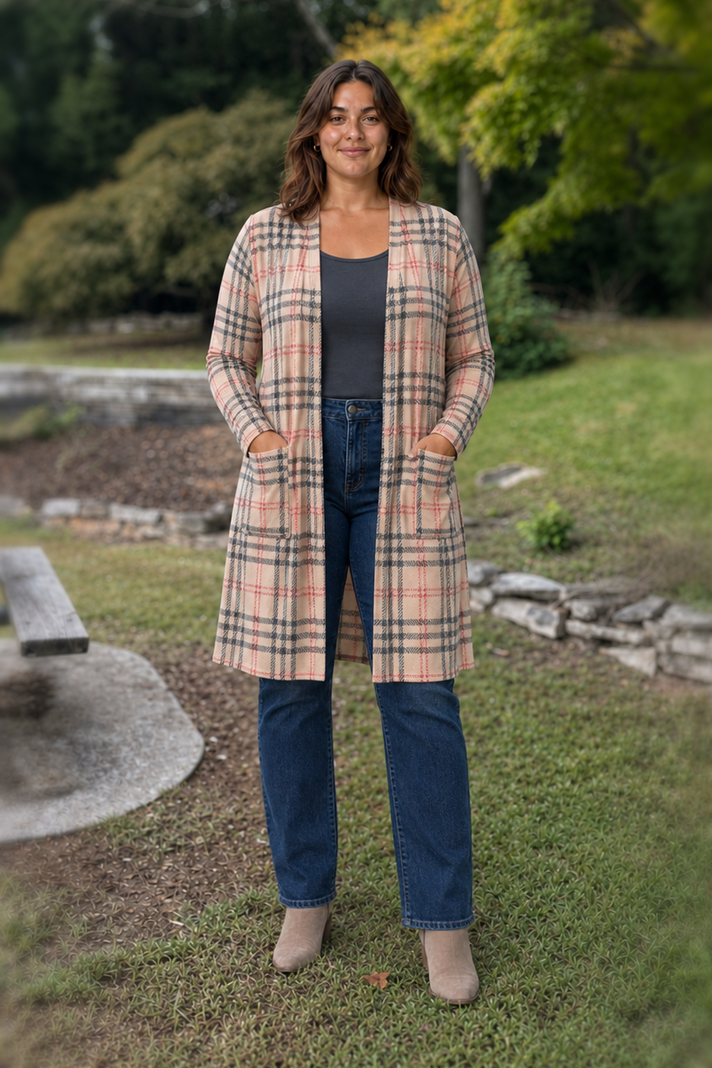 015 Camel Plaid Long Pocket Cardigan Plus — front