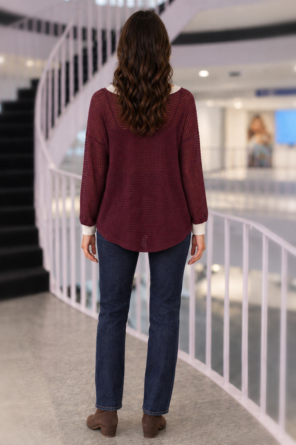 1263 Burgundy Contrast Trim Waffle Knit Top — back