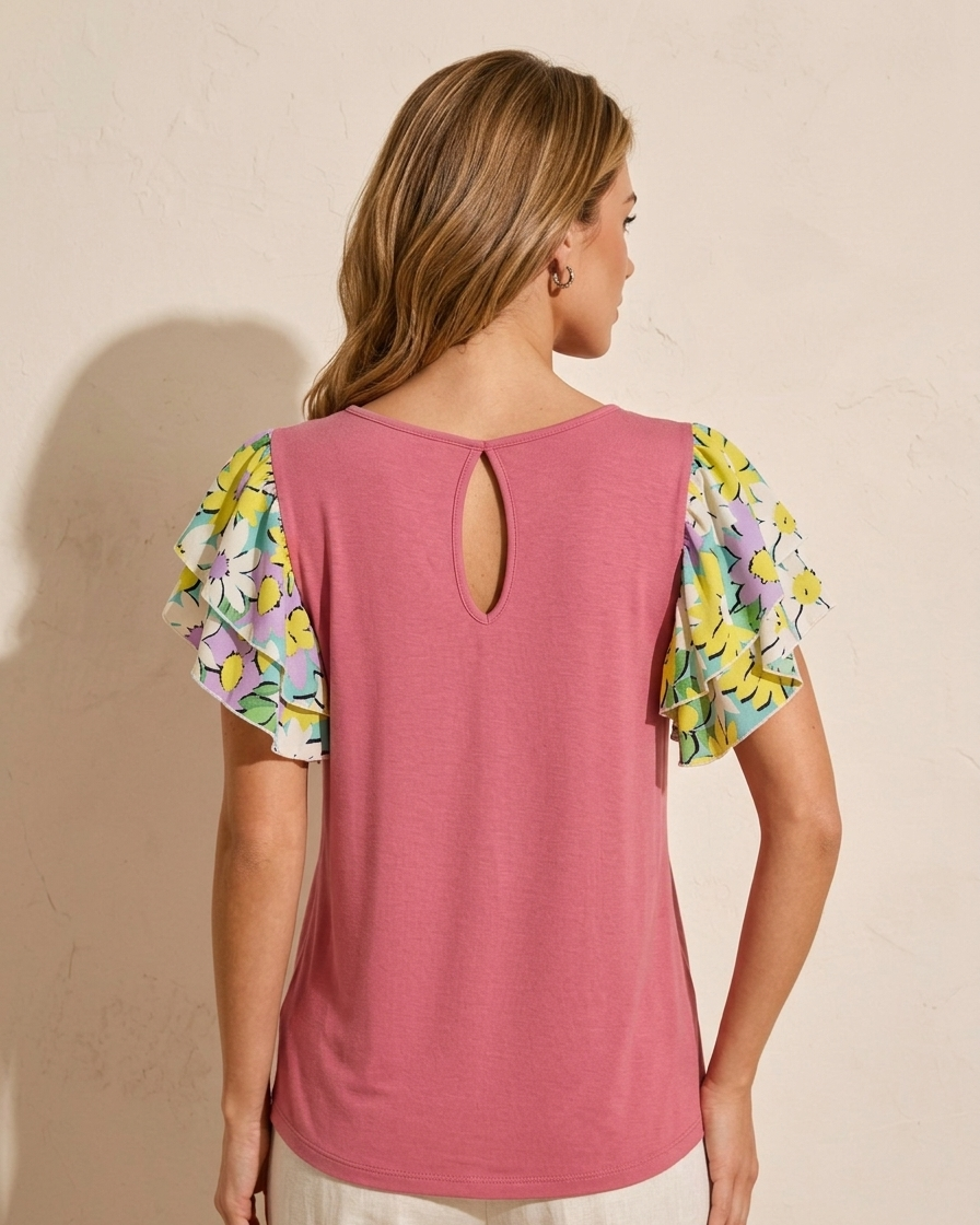 3662 Coral Bloom Flutter Sleeve Top