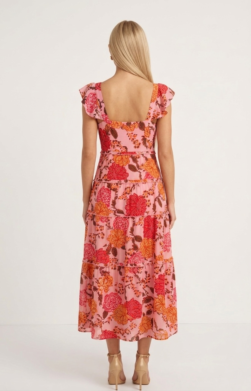 388 Pink Tropical Bloom Midi Dress