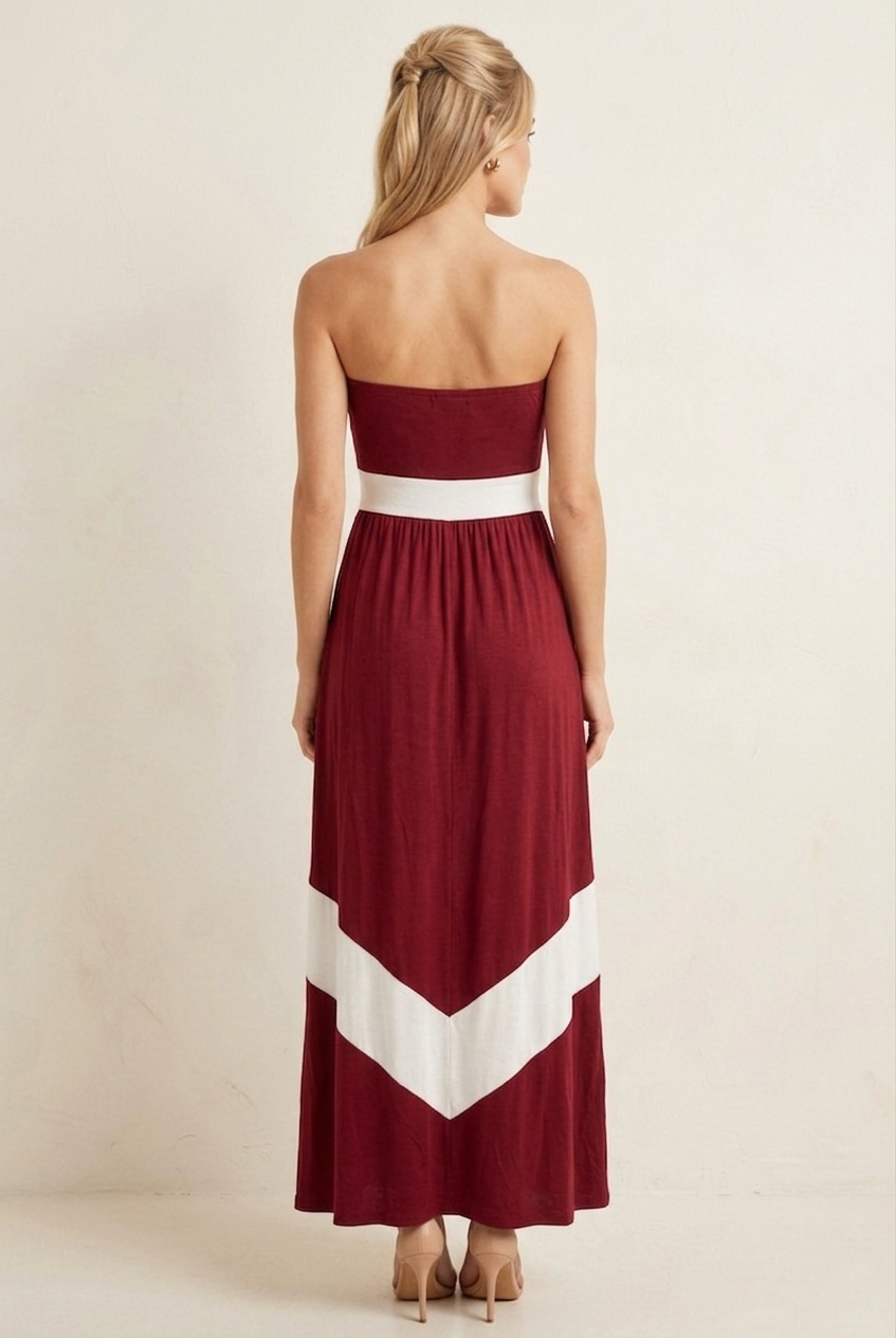 4159 Burgundy White Chevron Maxi Dress