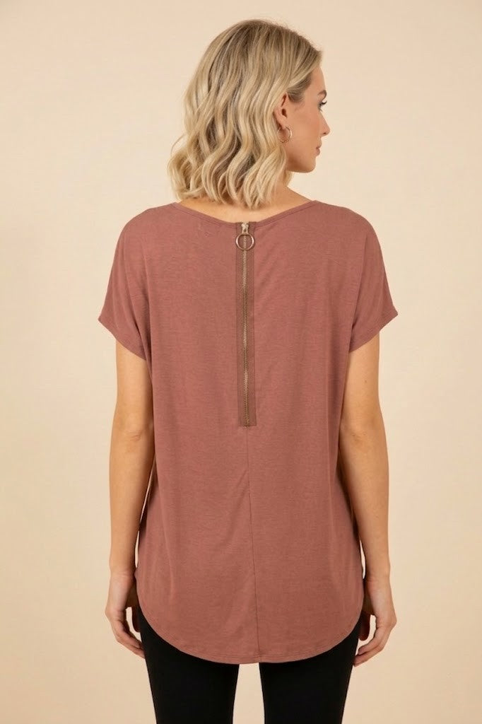 16005 Clay Brown Hi-Low Blouse with Zipper Back