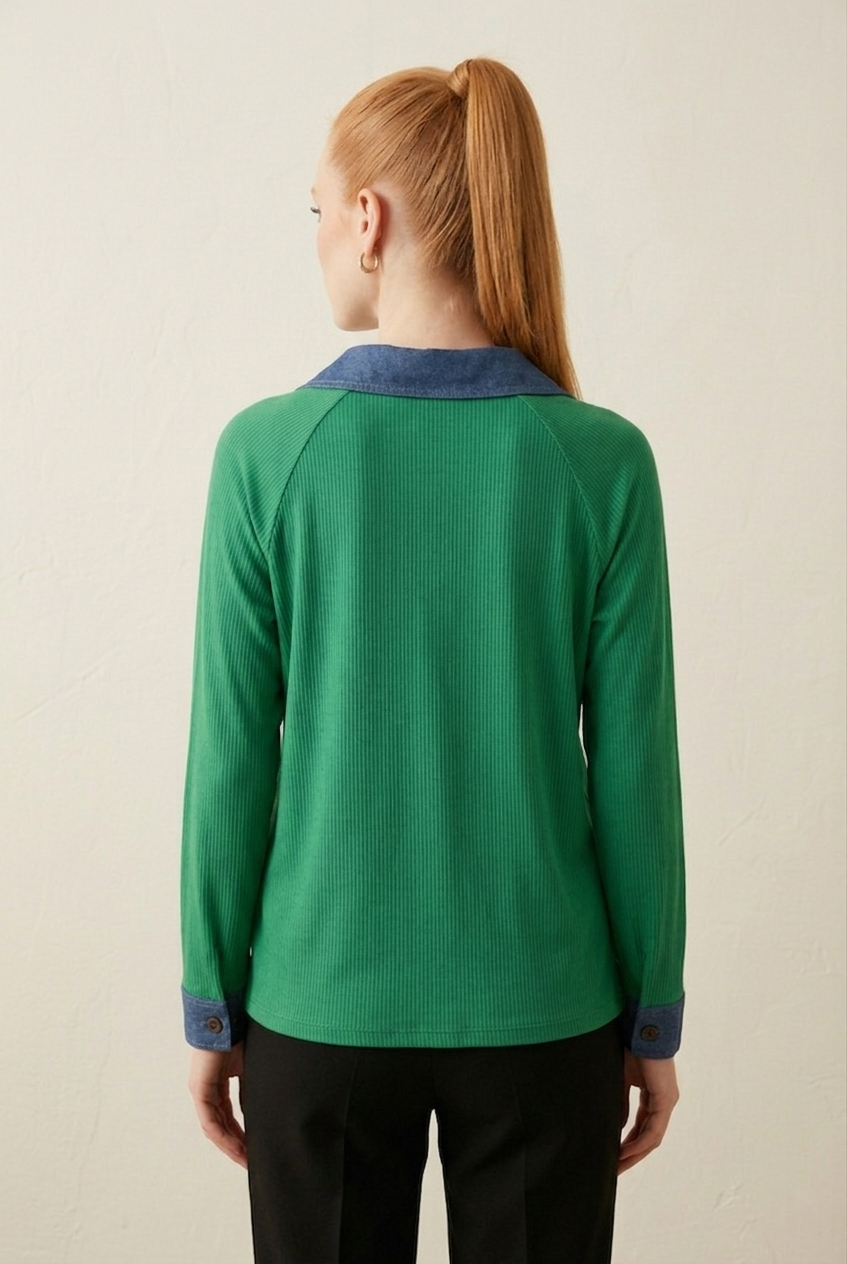 6277 Emerald Green Denim Trim Top