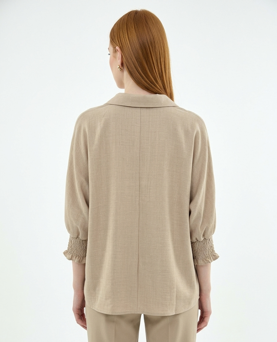 5820 Sandy Beige Smocked Sleeve Blouse