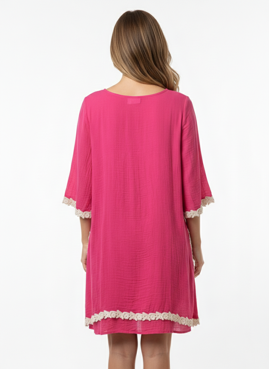 4357 Raspberry Boho Lace-Trim Dress with side pockets