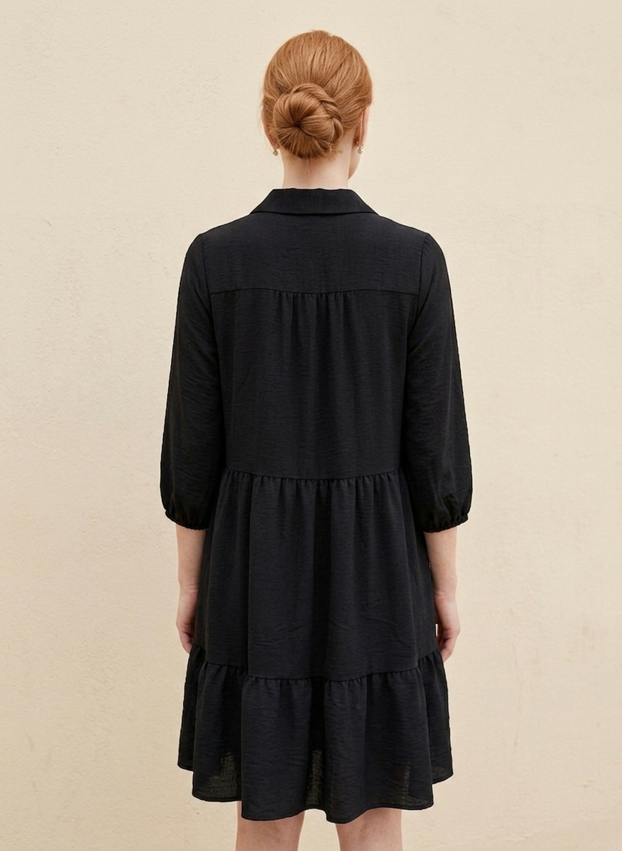 3960 Midnight Black Tiered Dress with Button Detail Dress