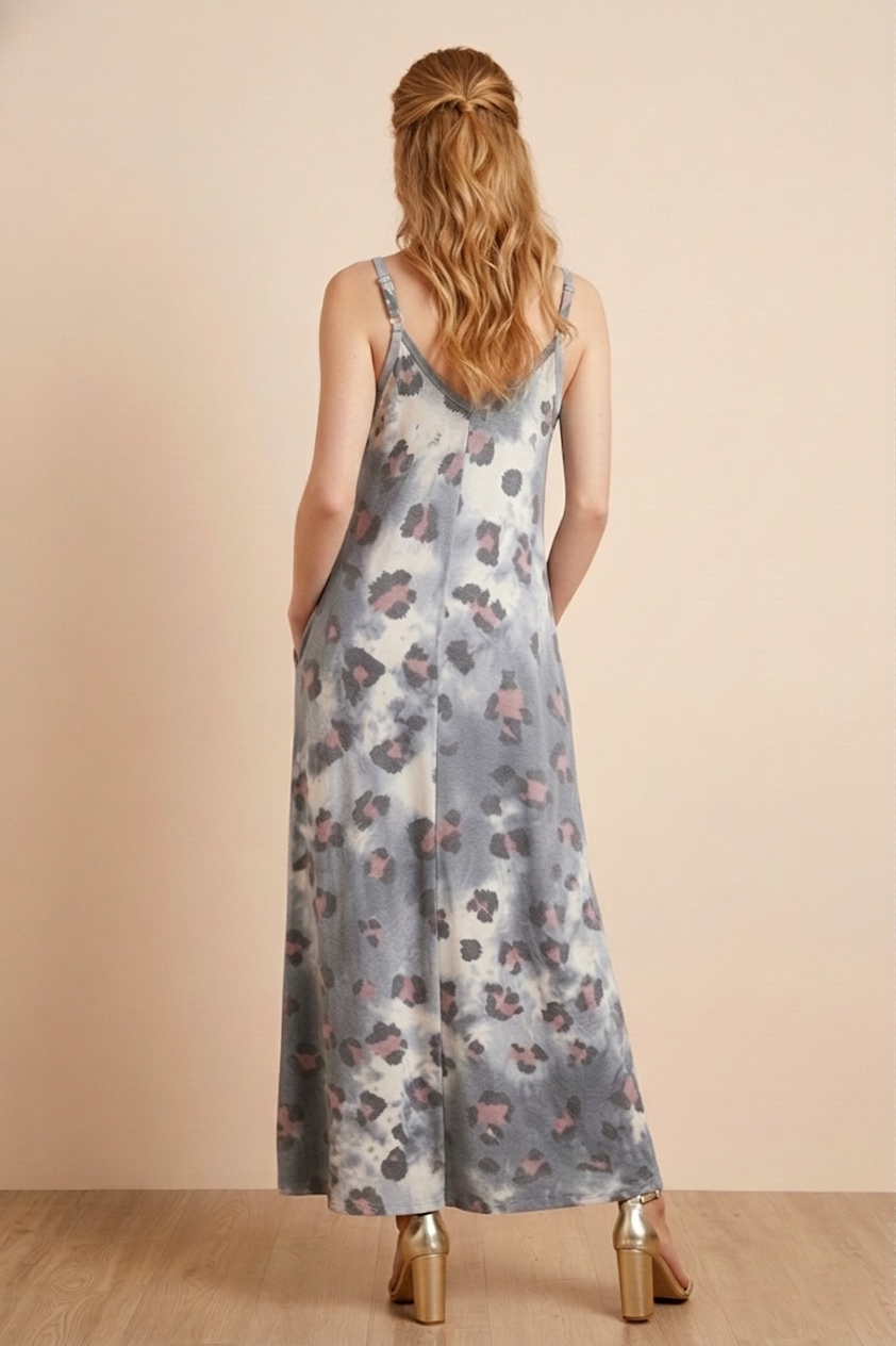 8434 Smoky Gray Leopard Maxi Dress with pockets