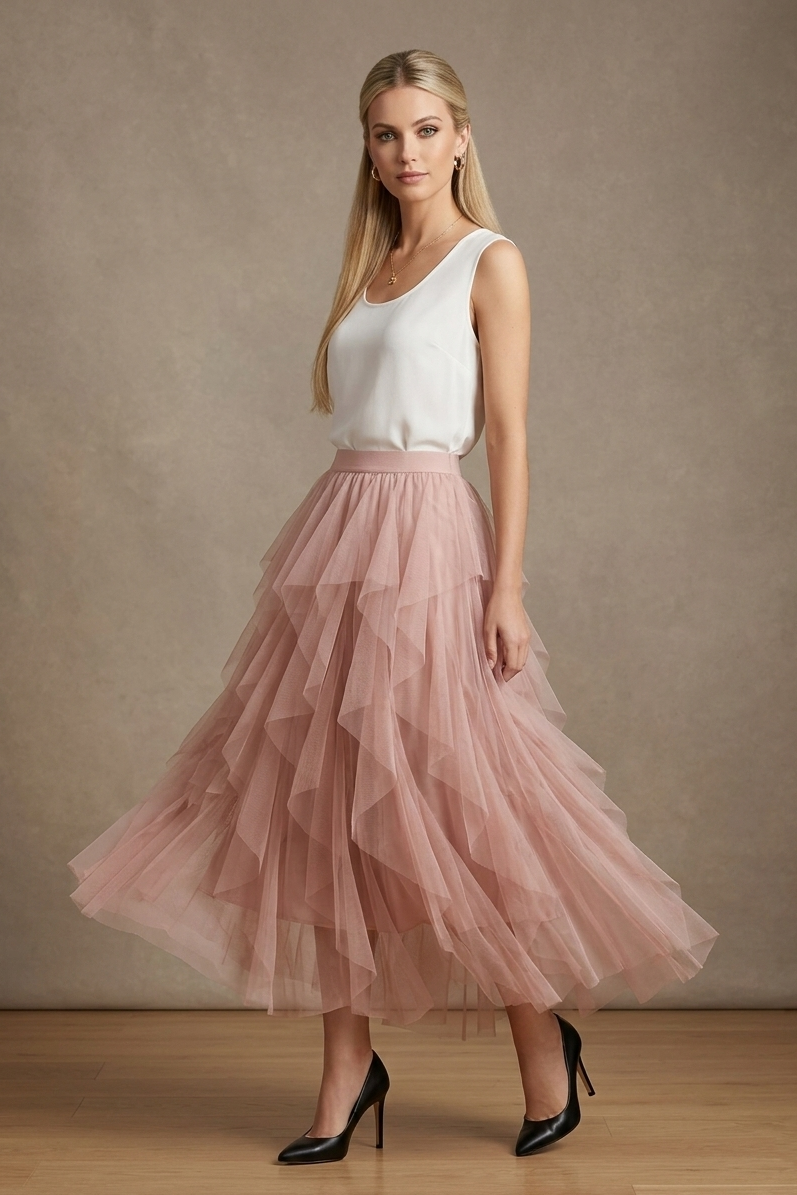 9011 Blush Pink Tulle Maxi Skirt