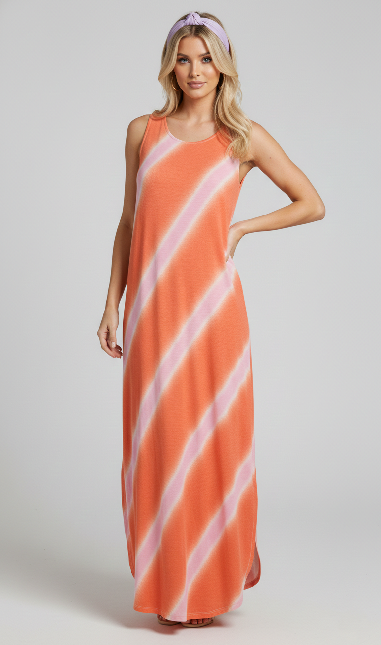 8296 Blush Pink & Coral Summer Stripe Sleeveless Dress