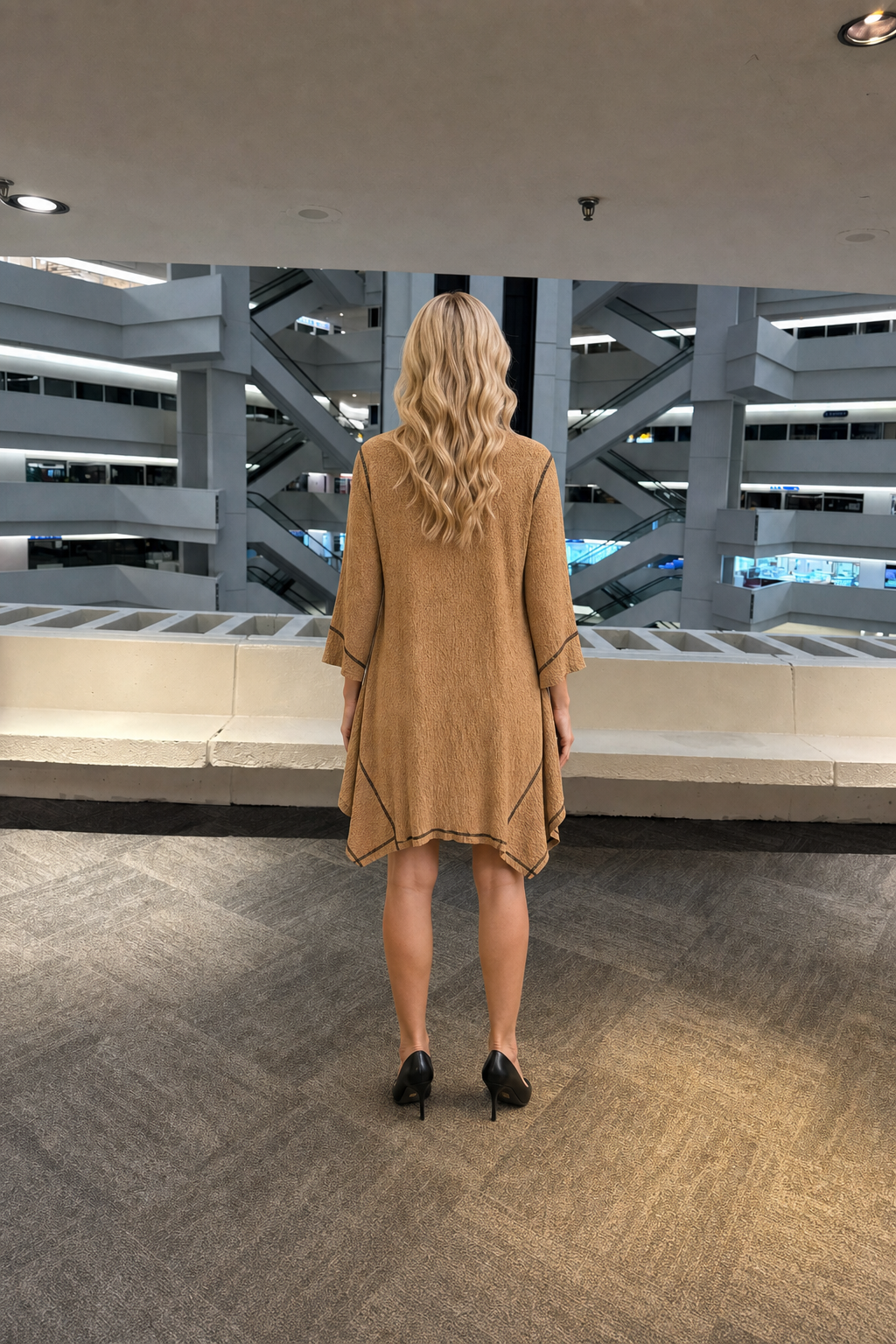 CV092 Textured Contrast Stitch Tunic Top