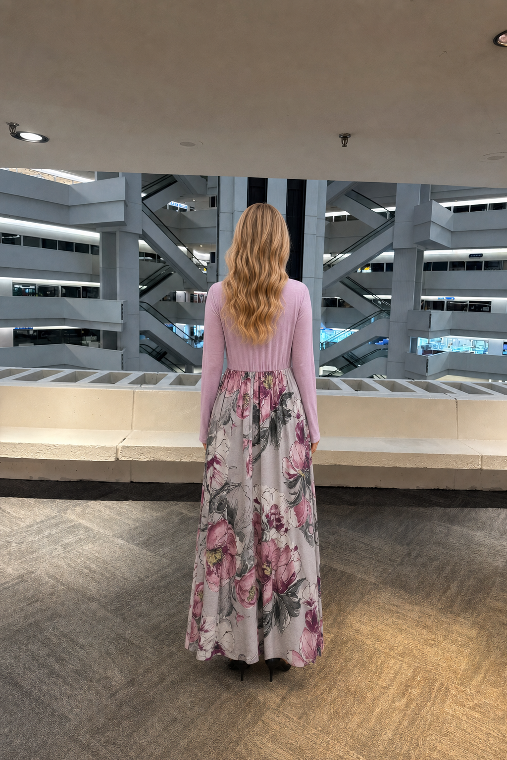 VL3827 Long Sleeve Floral Contrast Dress