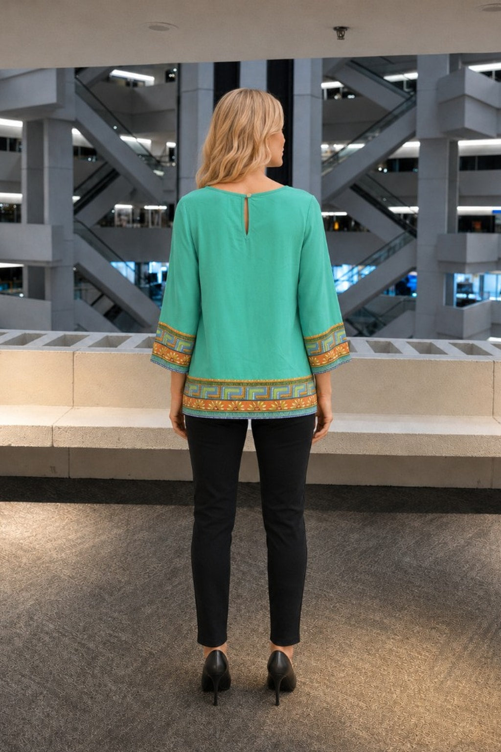 12310 Border Print Bell Sleeve Top