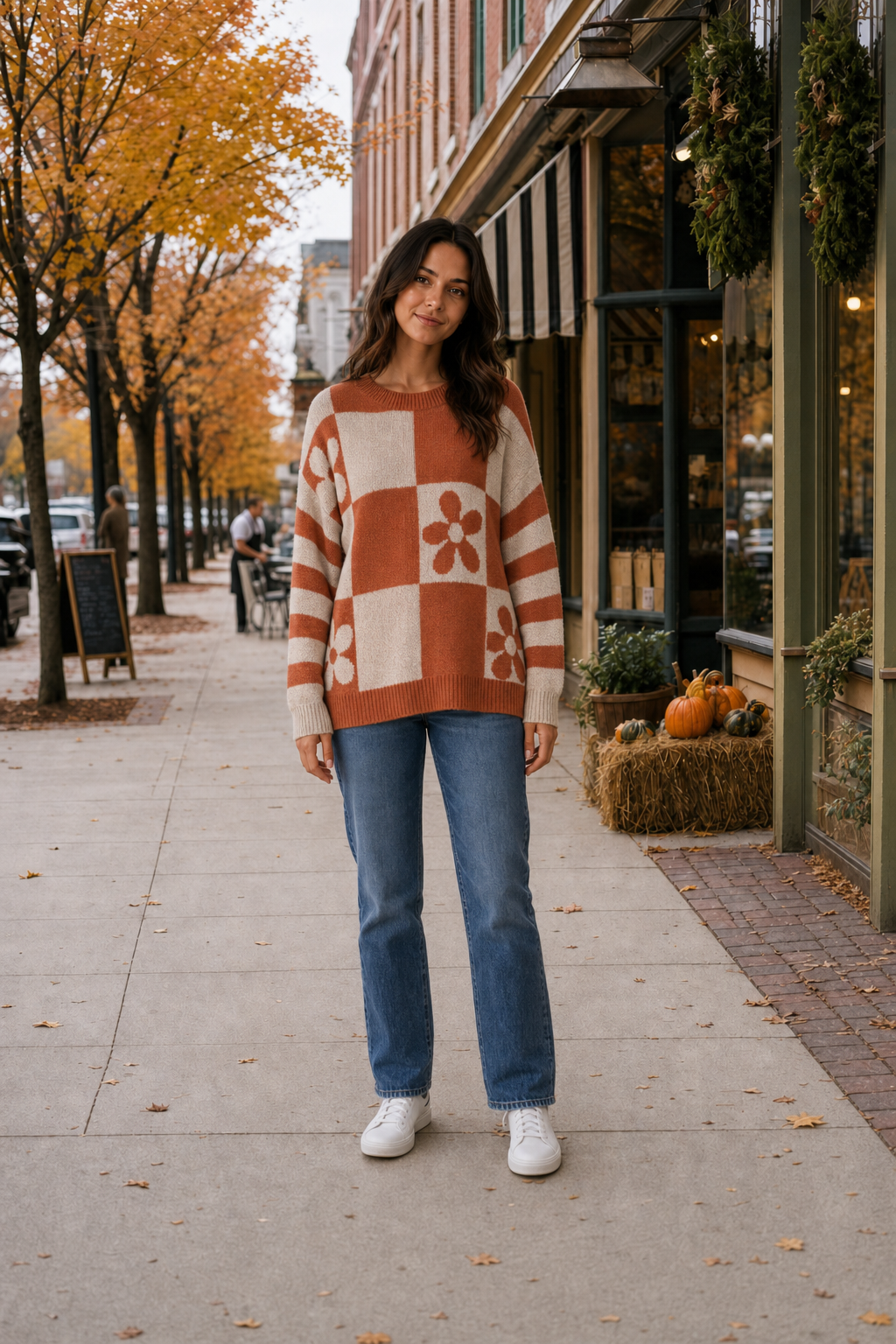 Style 218 Checkered Floral Knit Sweater