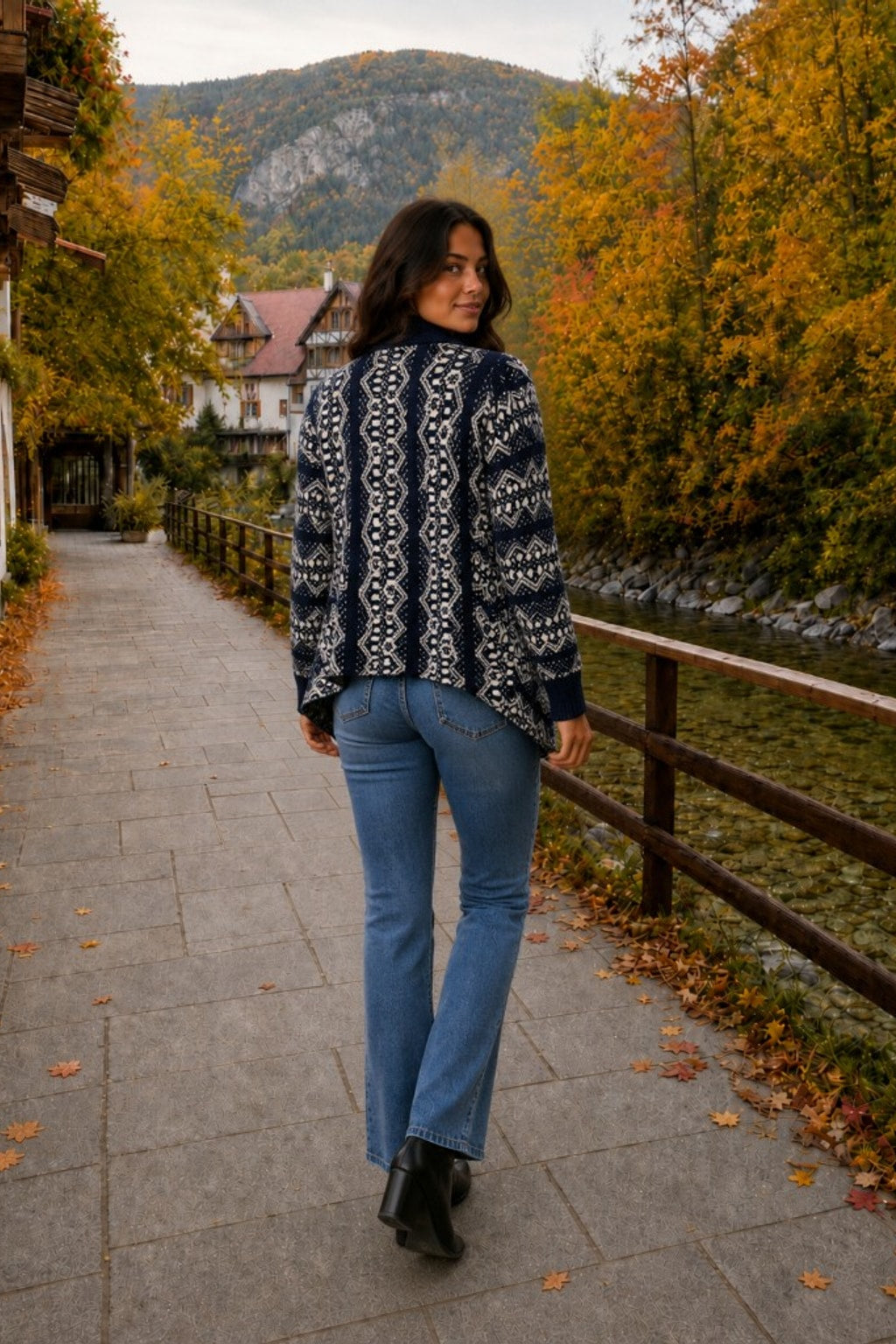 P961 Navy Aztec Print Waterfall Cardigan