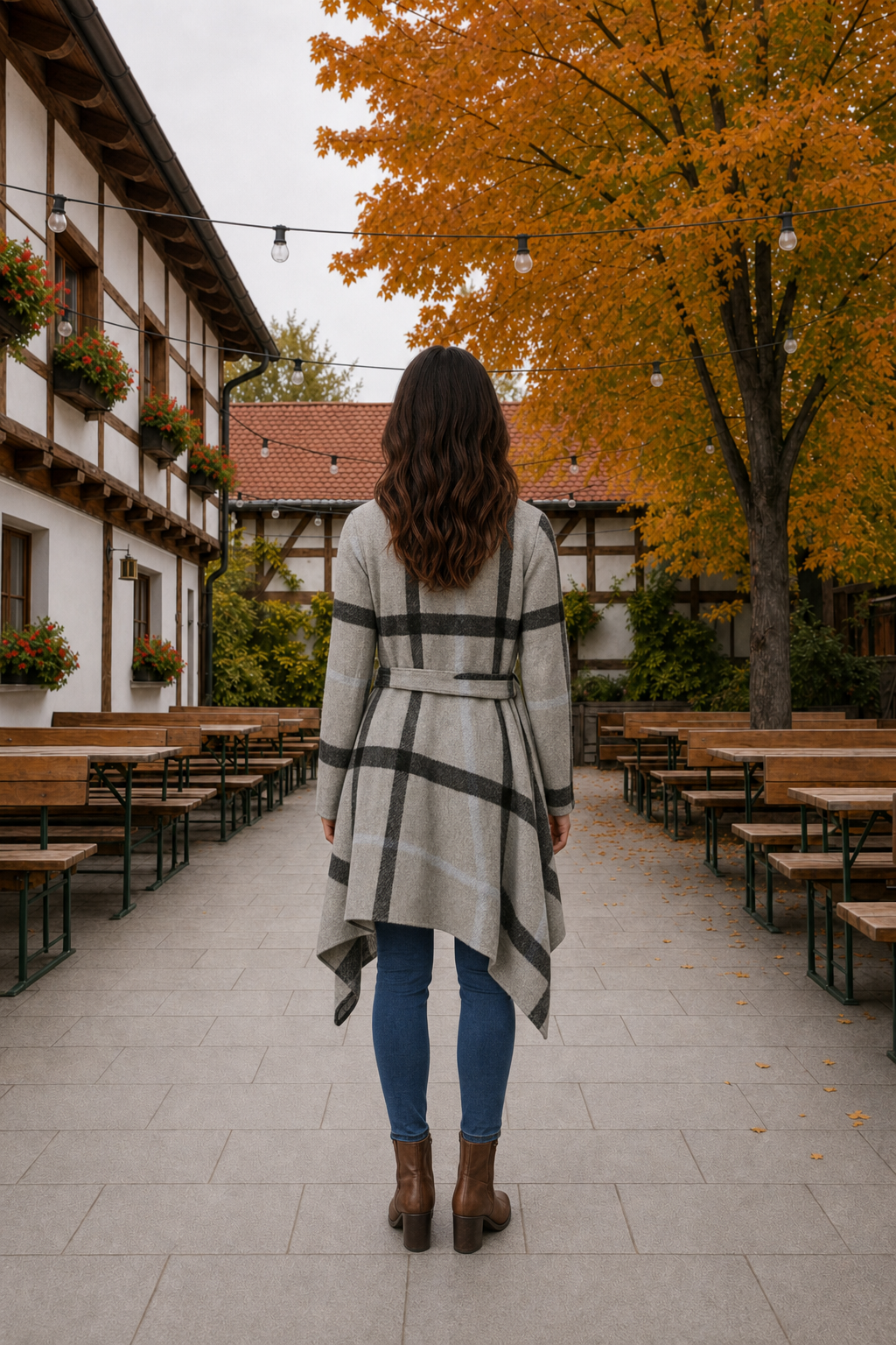 LUX10416 Plaid Belted Waterfall Cardigan