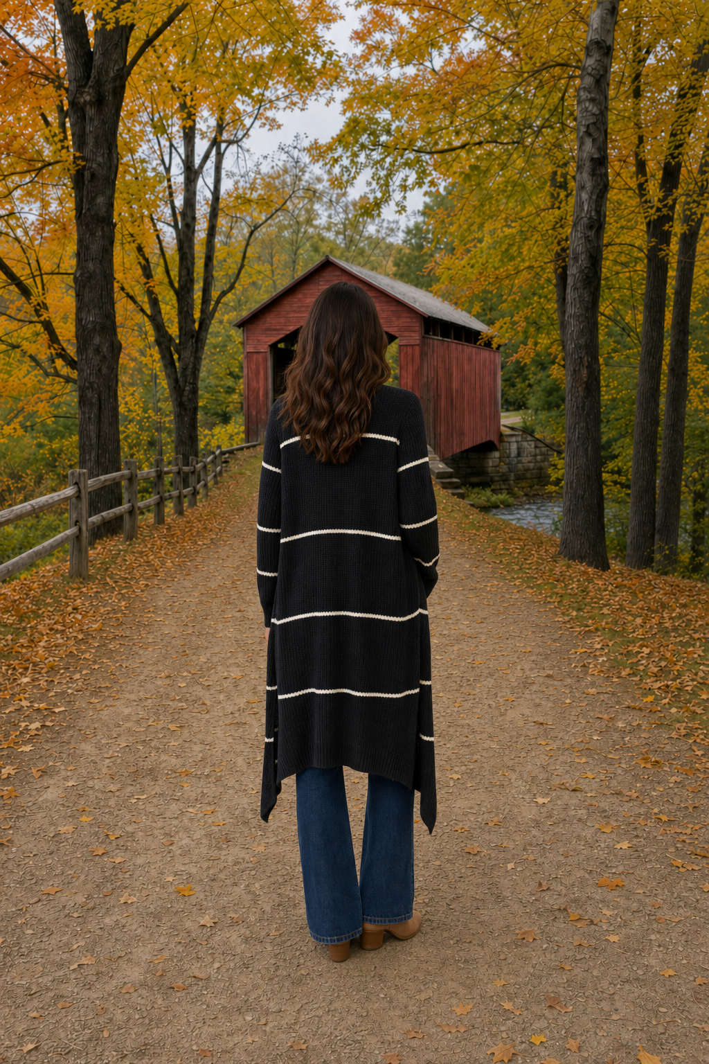 6028 Striped Longline Open-Front Cardigan