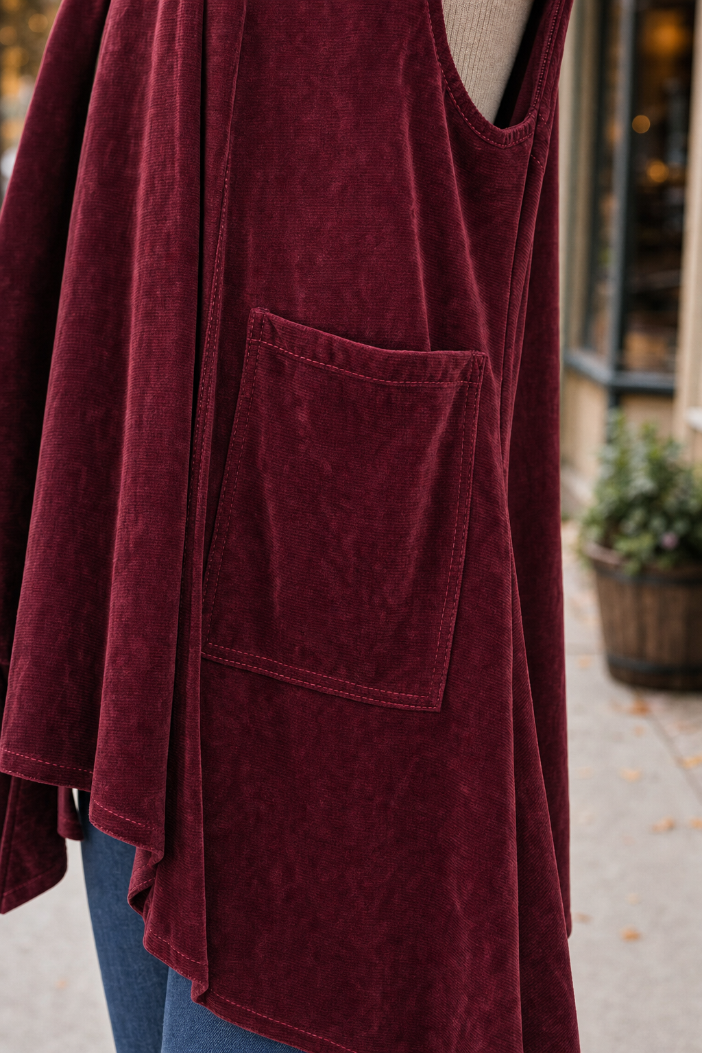 B3887-BF Ribbed Open-Front Draped Vest — Pockets detail