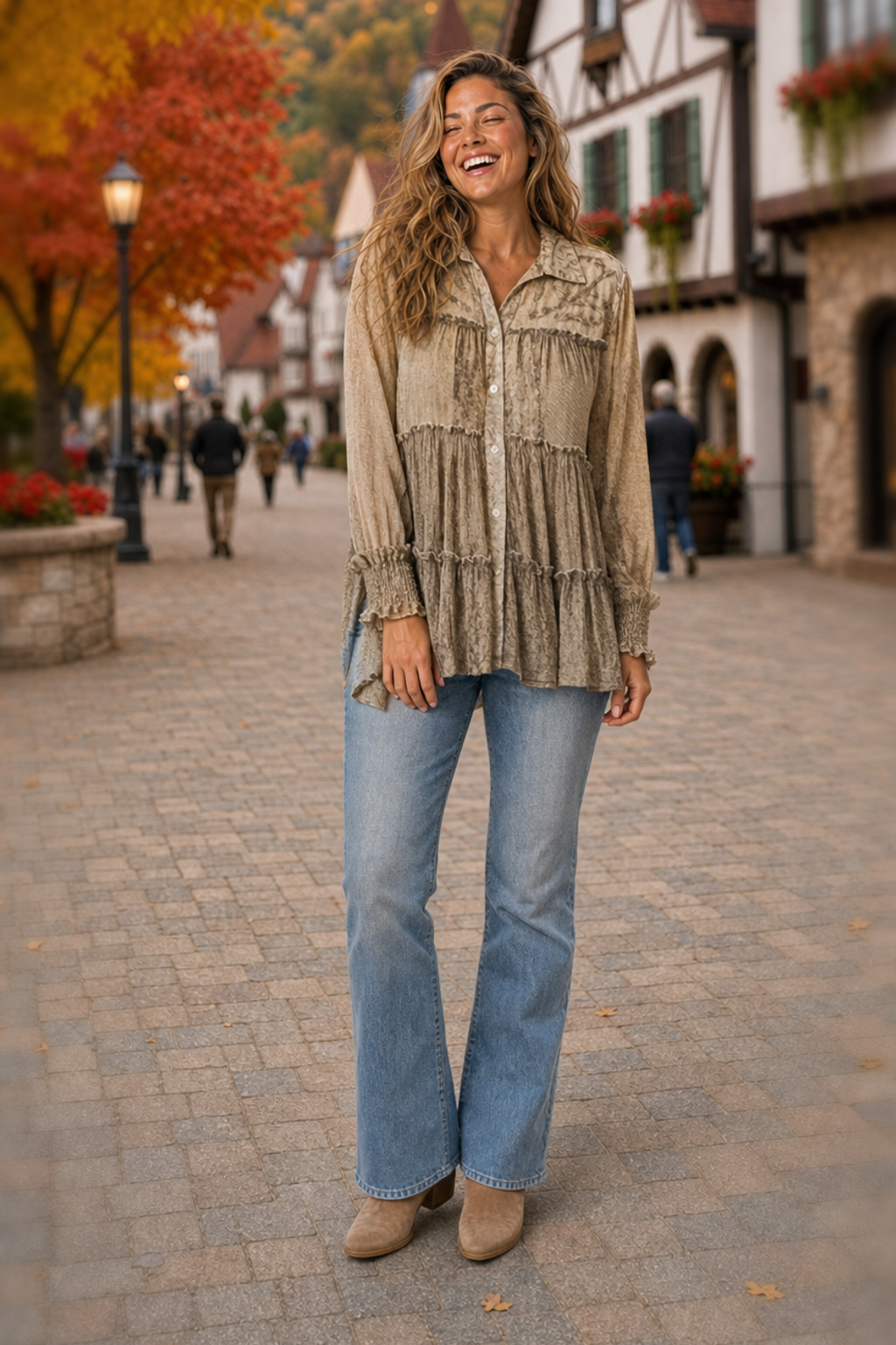 56331 Latte Tiered Button-Down Blouse