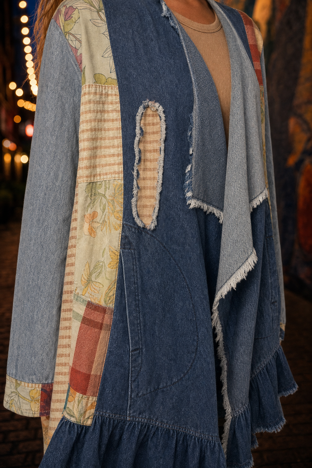 Patchwork Denim Frayed Cardigan — Pockets detail