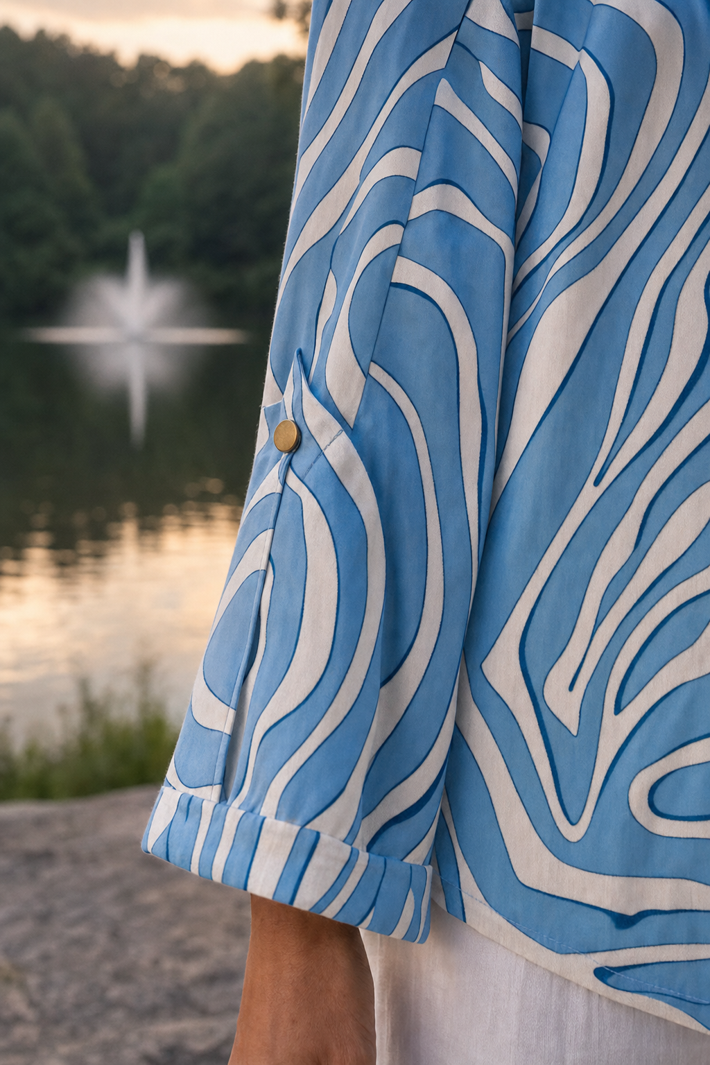 SP14480 Abstract Swirl Print Button-Down Blouse — Sleeves detail