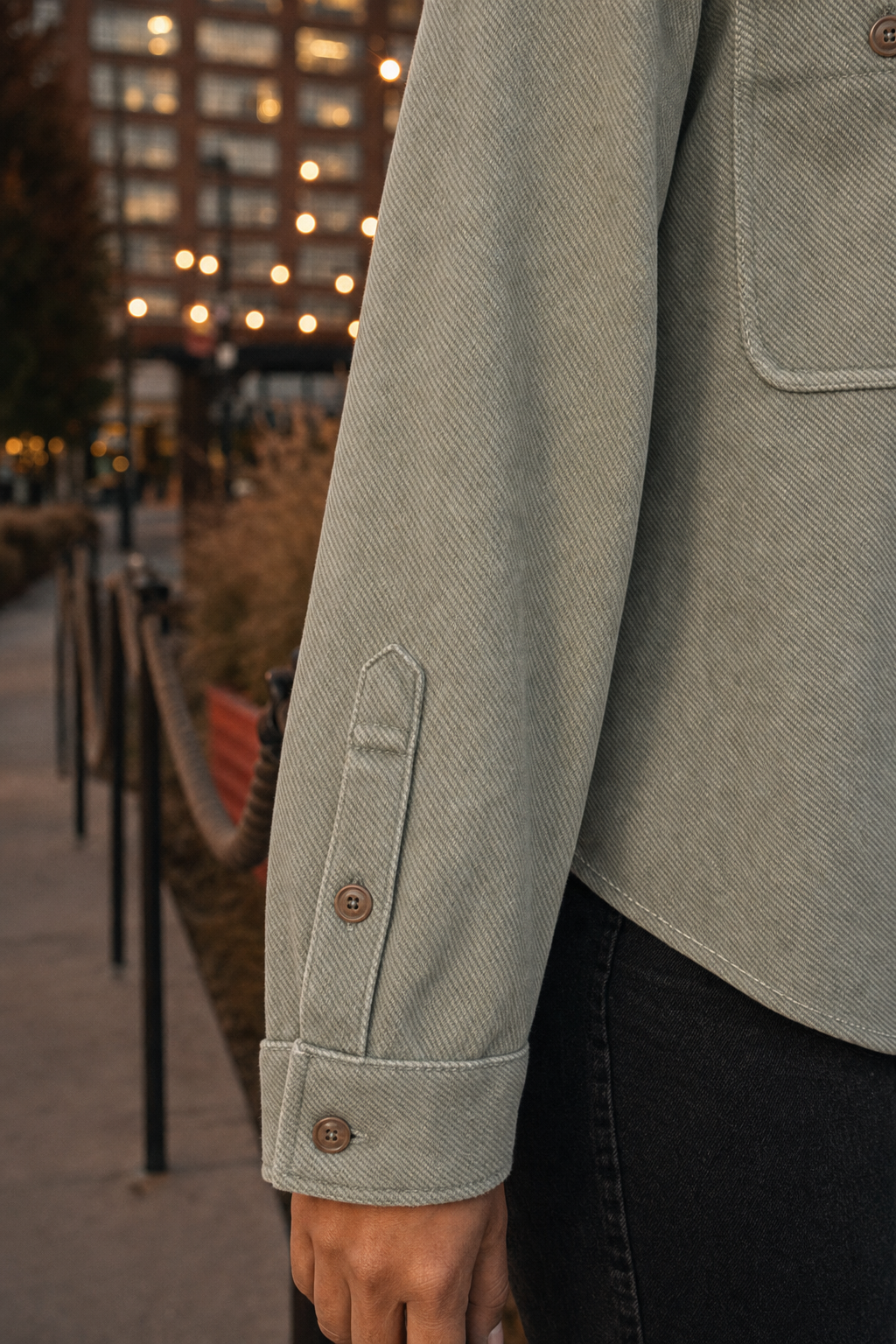 29732 Sage Green Twill Button-Down Top — Sleeves detail