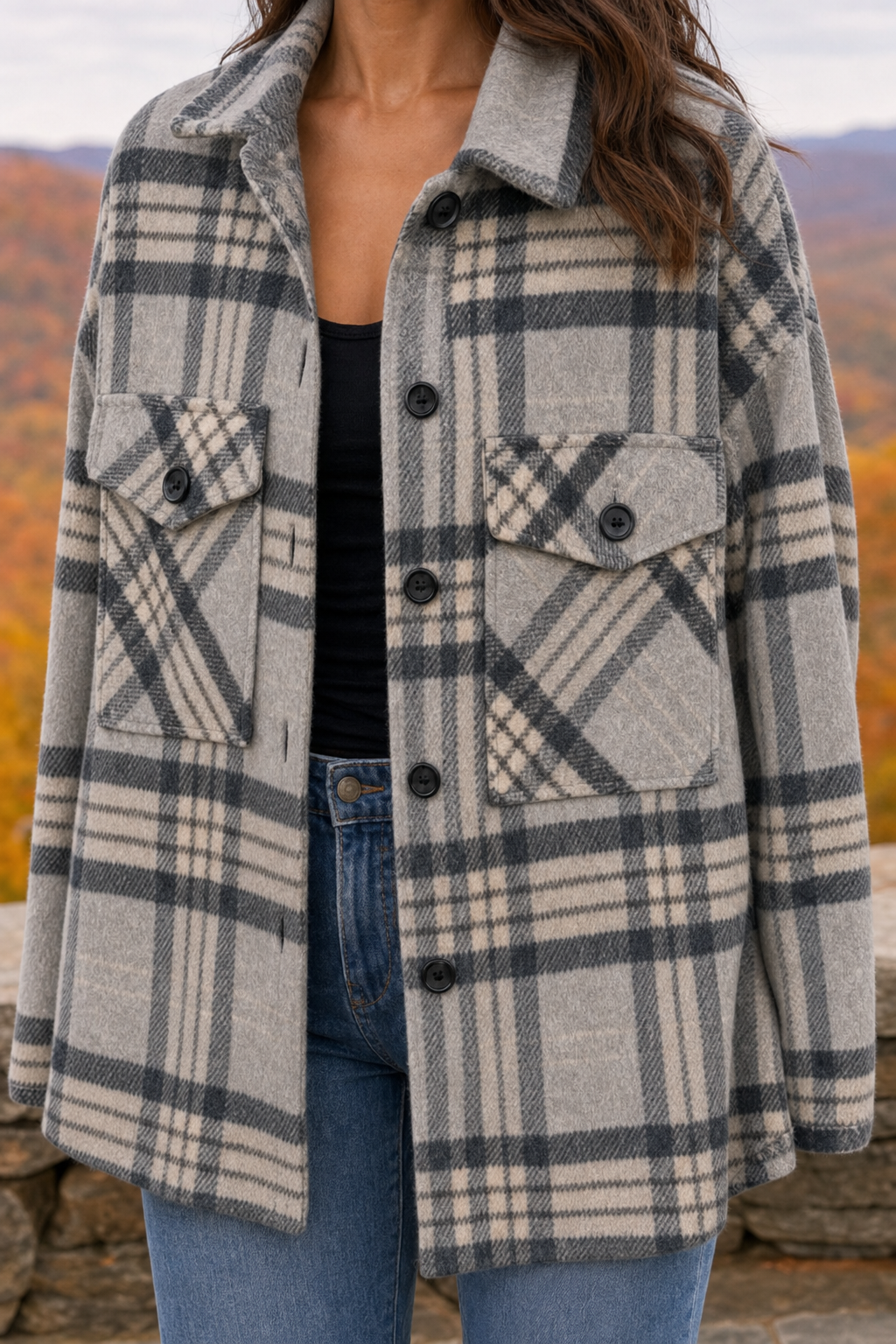 JKJR2824 Plaid Wool-Blend Shacket — Pockets detail