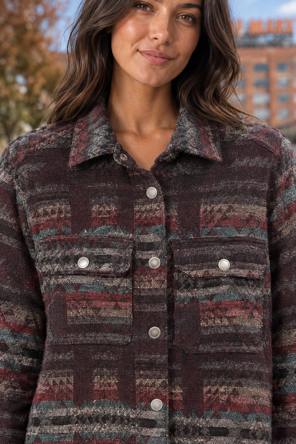 26175Z Aztec Print Snap Button Jacket — Buttons & hardware detail