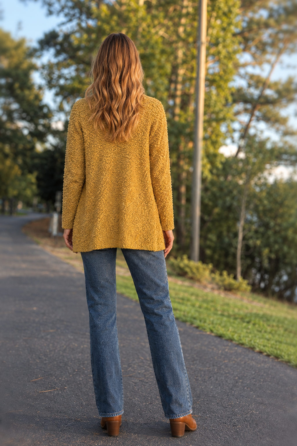 TW-1938AB Mustard Popcorn Knit Open Front Cardigan